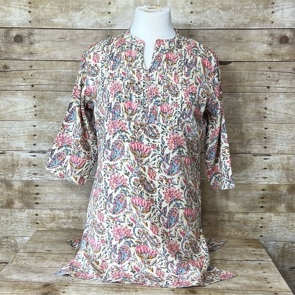 Nav Jeevan Liva Floral Pintuck‎ Tunic Top Pink Blue 3/4 Sleeve Blouse Size M-40